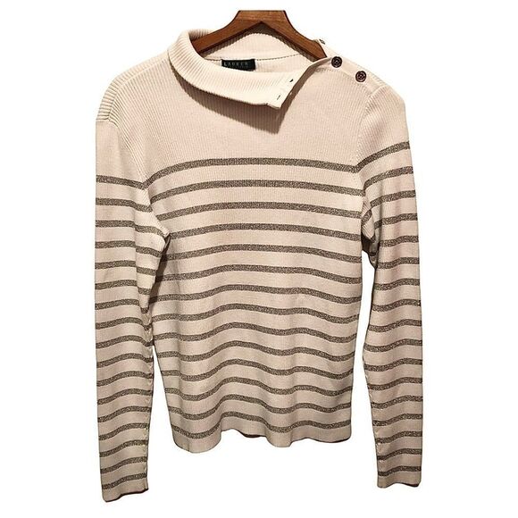 Lauren Ralph Lauren Sweaters - 𝅺Vtg Lauren Ralph Lauren Striped Button Turtleneck Sweater White Silver Women Xl